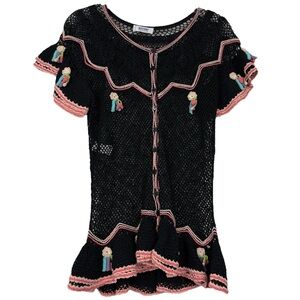 Moschino Rare Vintage Crochet Knit Ruffle Floral Detail Pullover Top